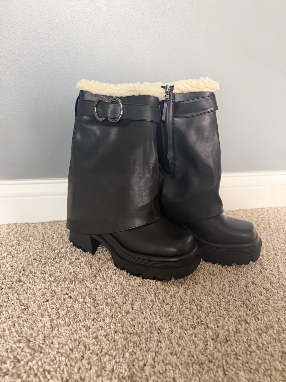 Circus by Sam Edelman Black Faux Leather Shearling-Trim Platform Moto Boots